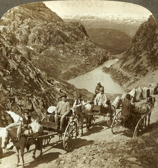 'Travellers on mountain road through wild ravine of Seljestad, Norway', c1905. Creator: Unknown.