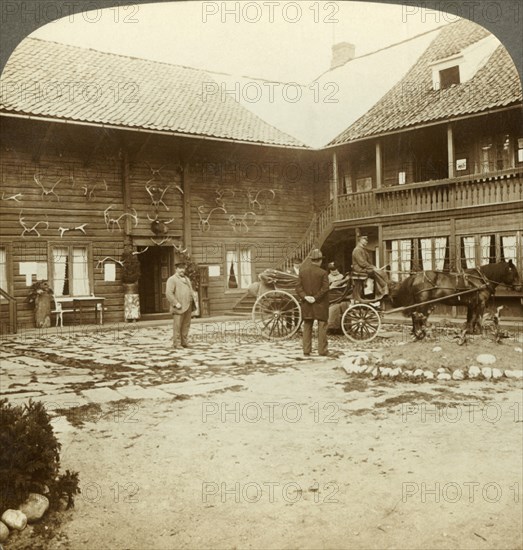 'Victoria Hotel, adorned with reindeer antlers, at Kongsberg, in rugged Norway', c1905. Creator: Unknown.