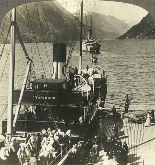 'Leaving Odde for an excursion down the picturesque mountain-walled Sorfjord, Norway', c1905. Creator: Unknown.