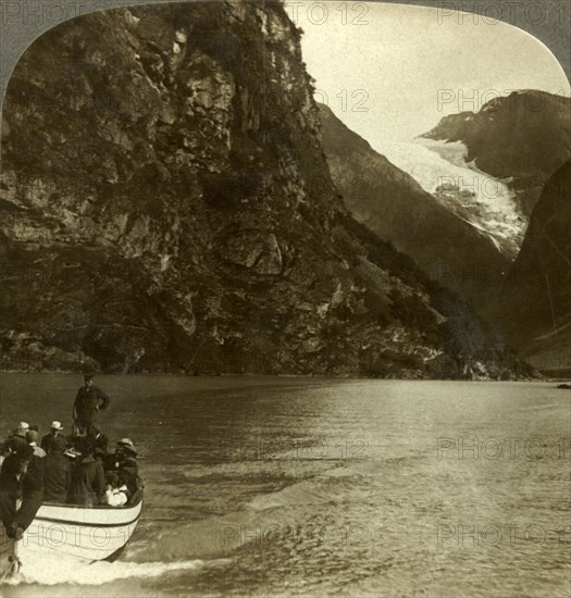'Tourists crossing Lake Loen - view across to a huge glacier, Norway', c1905. Creator: Unknown.