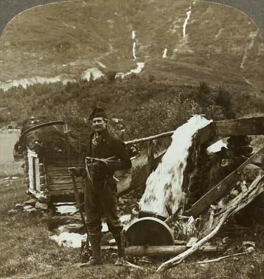 'A farmer's water-power grindstone and sod-roofed gristmill in  deep Olden Valley, Norway', 1905. Creator: Unknown.