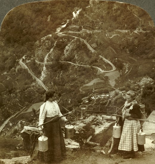 'Zigzags of the famous Grjotlid road - mountain milk-maids along the way near Marok, Norway', c1905. Creator: Unknown.