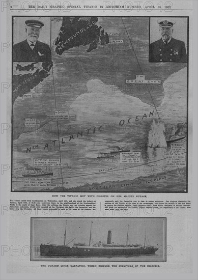 'How the Titanic met with disaster...', and 'The Cunard liner Carpathia...', April 20, 1912. Creator: Unknown.