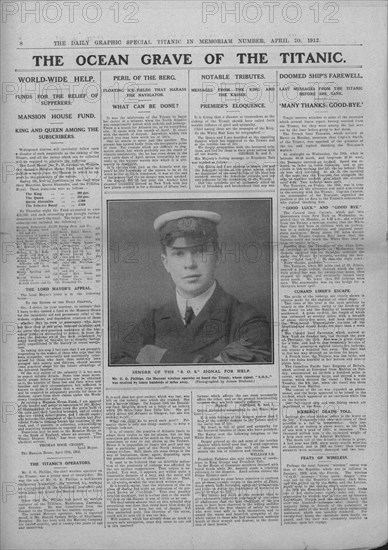 'The Ocean Grave of the Titanic', and photograph of Jack Phillips, April 20, 1912. Creator: Unknown.