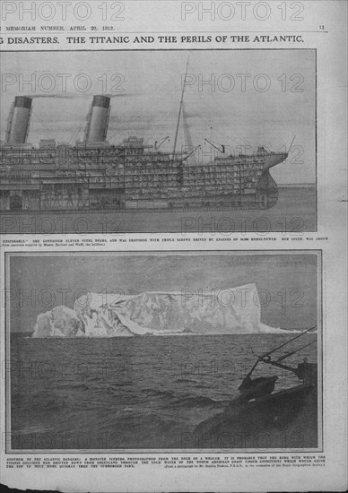 Sectional diagram of the 'Titanic', and iceberg, April 20, 1912. Creator: Unknown.