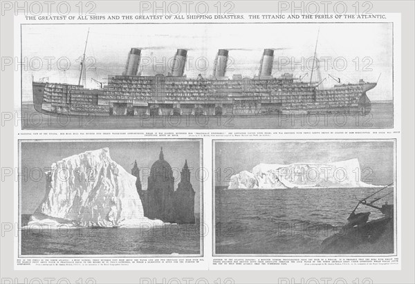 Sectional diagram of the 'Titanic', and icebergs, April 20, 1912. Creator: Unknown.