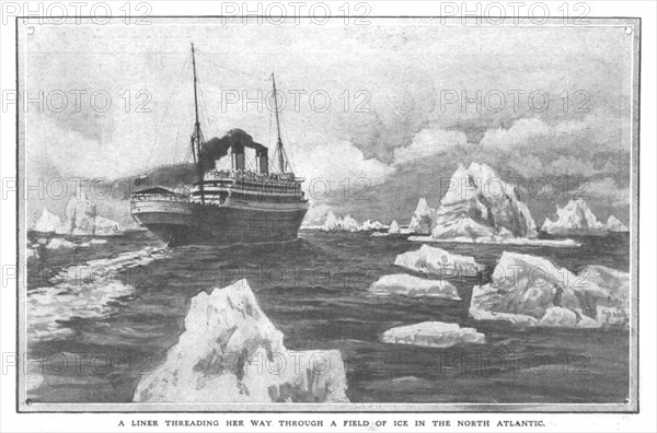 'A Liner Threading Her Way Through a Field of Ice in the North Atlantic', April 20, 1912. Creator: Unknown.