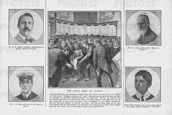 'The Awful News at Lloyd's', with portraits of some of those on board the 'Titanic', April 20, 1912. Creator: Unknown.