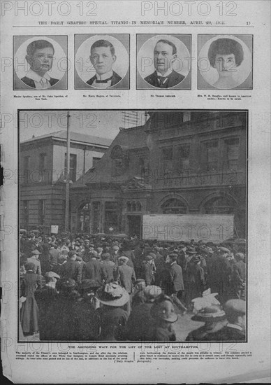 'The Agonising Wait for the List of the Lost at Southampton', April 20, 1912. Creator: Unknown.