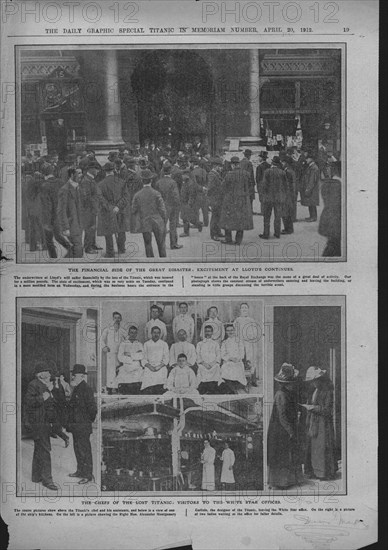 Crowds outside Lloyd's of London, chefs on board, and the White Star offices, April 20, 1912. Creator: Unknown.