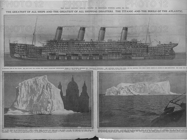 Sectional diagram of the 'Titanic', and icebergs, April 20, 1912. Creator: Unknown.