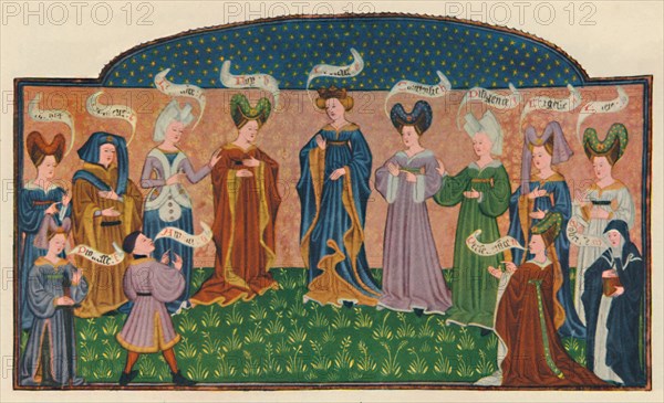 Allegorical figures in court dress, 1445, (1948).  Creator: Unknown.