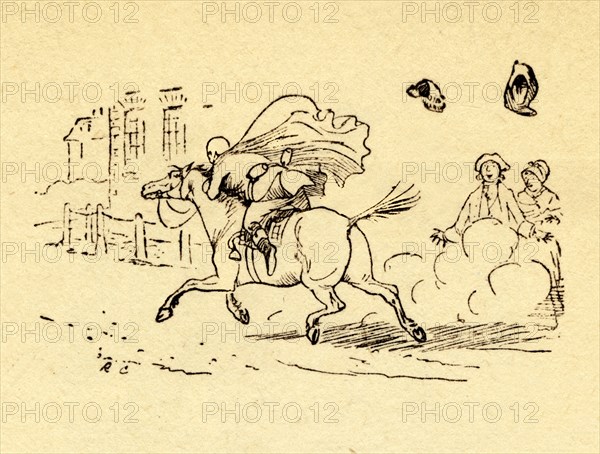 John Gilpin's horse bolts, and his hat and wig blow off, 1878, (c1918). Creator: Randolph Caldecott.