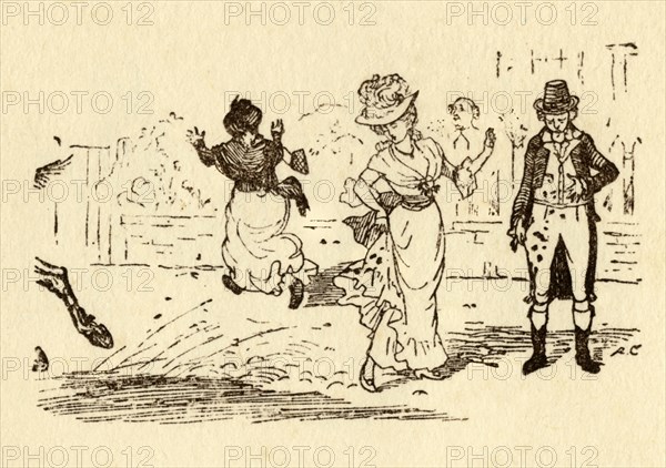 John Gilpin's horse splashes mud on a woman's dress, 1878, (c1918).  Creator: Randolph Caldecott.