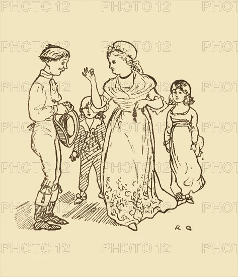 Mrs Gilpin pays the postboy to find her husband, 1878, (c1918). Creator: Randolph Caldecott.