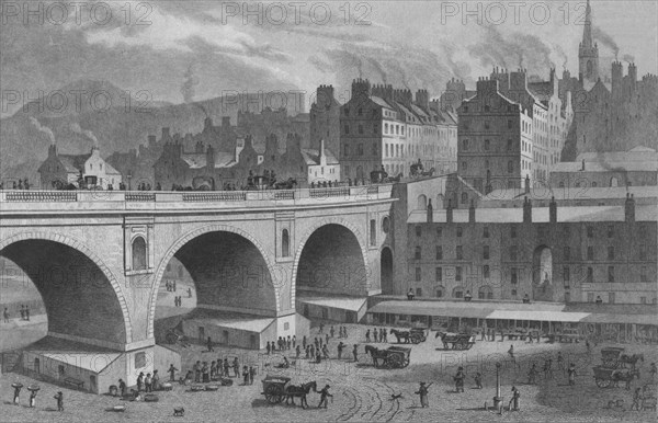 'Vegetable and Fish Market, From the 'Rainbow' Gallery, Edinburgh', 1830.  Creator: Ebenezer Stalker.