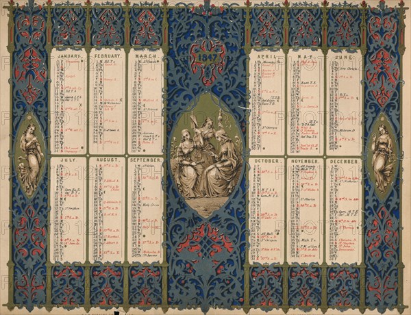 Calendar with saints' days and royal birthdays, 1847. Creator: M & N Hanhart.