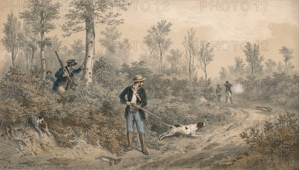 'Chasses a Tir, Battue en Forêt', mid 19th century. Creator: F Grenier.