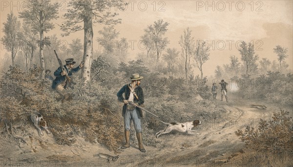 'Chasses a Tir, Battue en Forêt', mid 19th century. Creator: F Grenier.