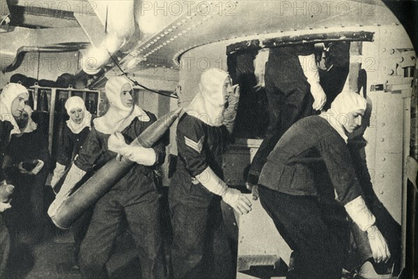 Royal Marines handling ammunition on board HMS 'Illustrious', World War II, c1939-c1943 (1944). Creator: Unknown.