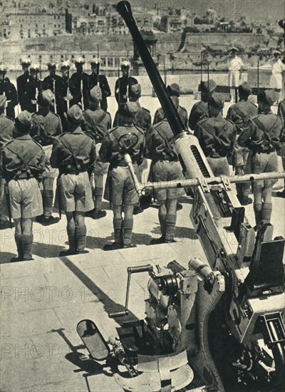 Royal Marines at the parade celebrating the successful defence of Malta, World War II, 1943 (1944). Creator: Unknown.