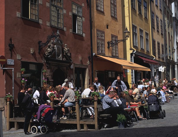 Café and colourful houses, Stortorget Square, Stockholm, Sweden