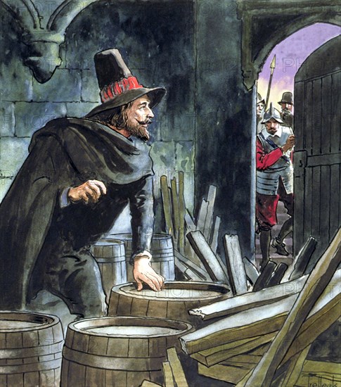 Guy Fawkes, caught in the act of preparing the Gunpowder Plot, 1605 (c1900). Artist: Trelleek