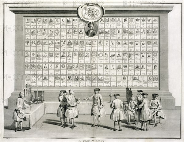 Freemasons, with signs for the various lodges, c1733. Artist: Unknown
