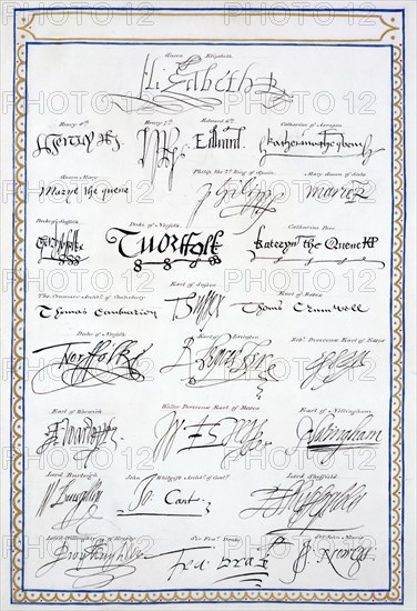 Reproduction of the signatures of the Tudors and members of their court, 1825. Artist: Sarah, Countess of Essex