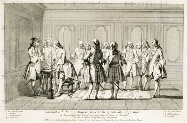 Assembly of Freemasons to initiate an apprentice, c1733. Artist: Unknown