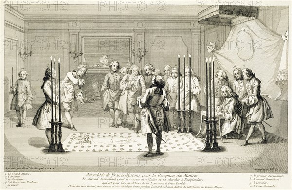 Assembly of Freemasons before the initiation of a master, c1733. Artist: Unknown