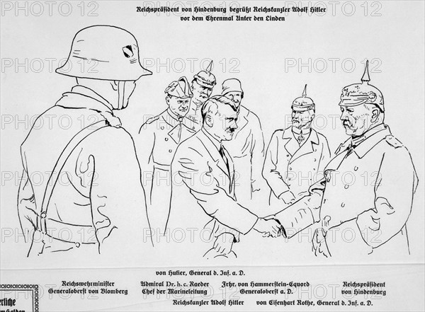 Adolf Hitler shaking hands with President von Hindenburg on the State Day of Honour, 1934. Artist: Unknown