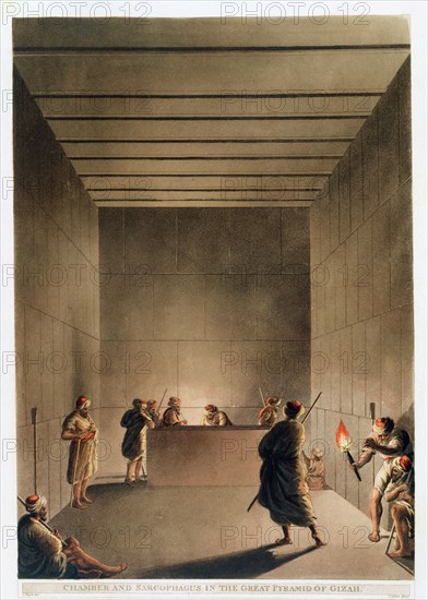 'Chamber and Sarcophagus in the Great Pyramid of Giza', Egypt, 1802. Artist: Thomas Milton