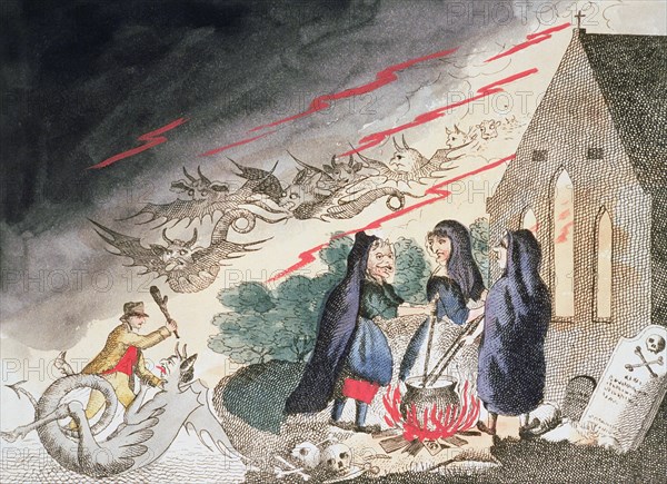 Three witches in a graveyard, c1790s. Artist: Unknown