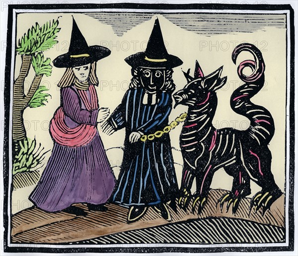 A black and a white witch with a devil animal. Artist: Unknown