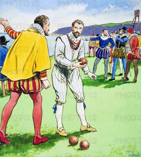 Sir Francis Drake playing bowls on Plymouth Hoe, 1588 (c1900). Artist: Trelleek