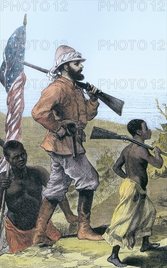 Henry Morton Stanley approaching Lake Tanganyika, Africa, 19th century. Artist: Unknown