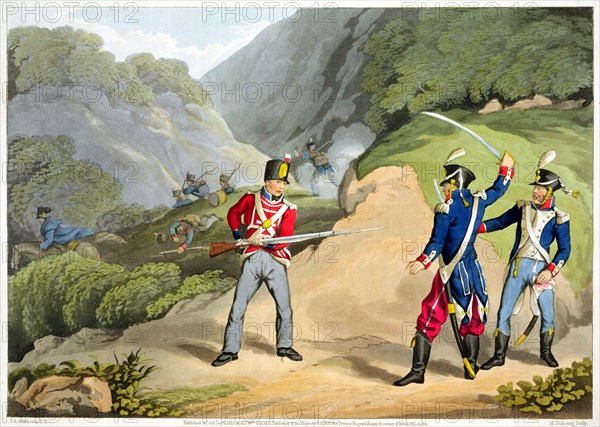 'A British soldier Taking Two French Officers at the Battle of the Pyrenees', 1813 (1816). Artist: Matthew Dubourg