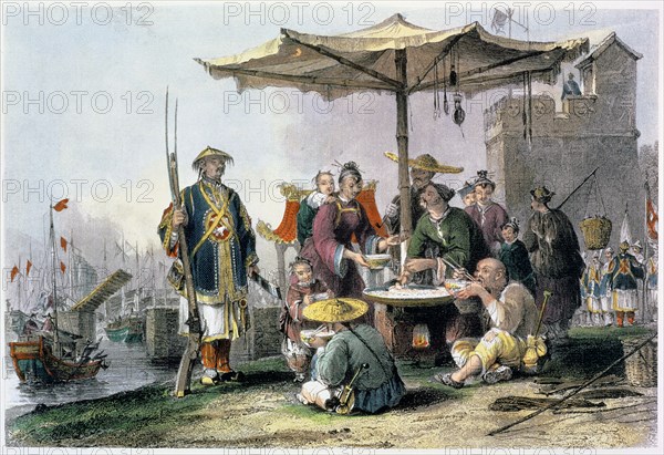 'Rice Sellers at the Military Station of Tong-Chang-Too', China, 1843. Artist: Thomas Allom