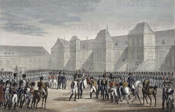 The abdication of Napoleon and his departure from Fontainebleau for Elba, 20th April 1814. Artist: Francois Pigeot