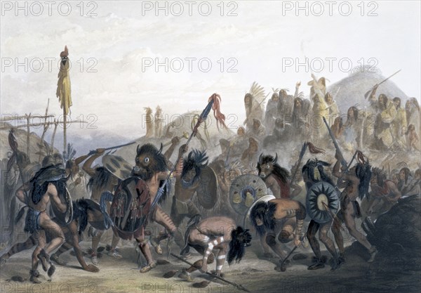 'Bison-Dance of the Mandan Indians in front of their Medicine Lodge in the Mih-Tutta-Hankush', 1843. Artist: Alexandre Manceau