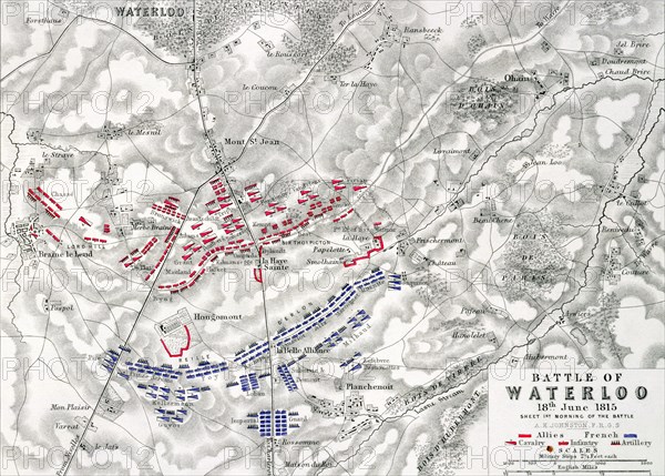 Map of the Battle of Waterloo, 18th June 1815 (19th century). Artist: Alexander Keith Johnston