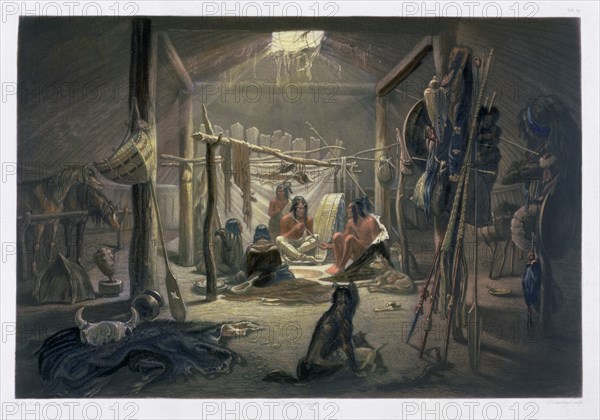 'The Interior of the Hut of a Mandan Chief', 1843. Artist: Narcisse Desmadryl