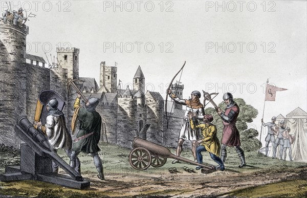 Soldiers and artillery of the 15th century besieging a walled town, 19th century. Artist: Unknown