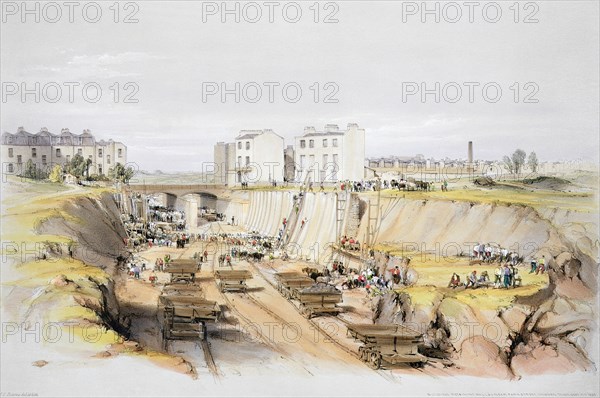 Building the retaining wall near Park Street, Camden Town, London, 17th September 1836 (1838). Artist: John Cooke Bourne