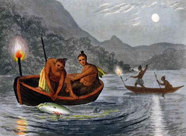 Native Americans fishing by torchlight in North America, 1813. Artist: H Merke