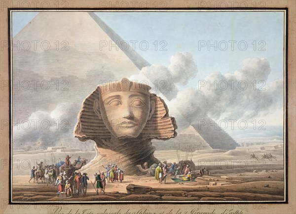View of the head of the Sphinx and the Pyramid of Khafre, Giza, Egypt, c1790. Artist: Louis-Francois Cassas