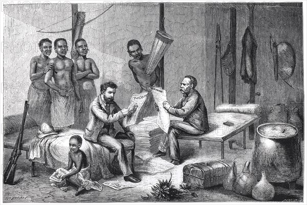 Livingstone and Stanley receiving newspapers in Central Africa, 1871-1873. Artist: Pearson