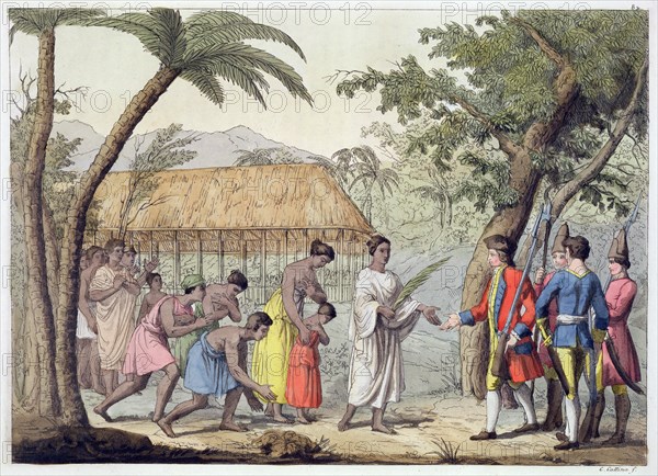 Captain Samuel Wallis being received by Queen Oberea on the Island of Tahiti, 1767 (19th century). Artist: Gallo Gallina