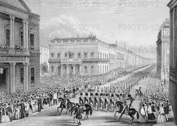 Wellington's funeral procession passing the Senior United Service Club, Pall Mall, London, 1852. Artist: Thomas Hosmer Shepherd